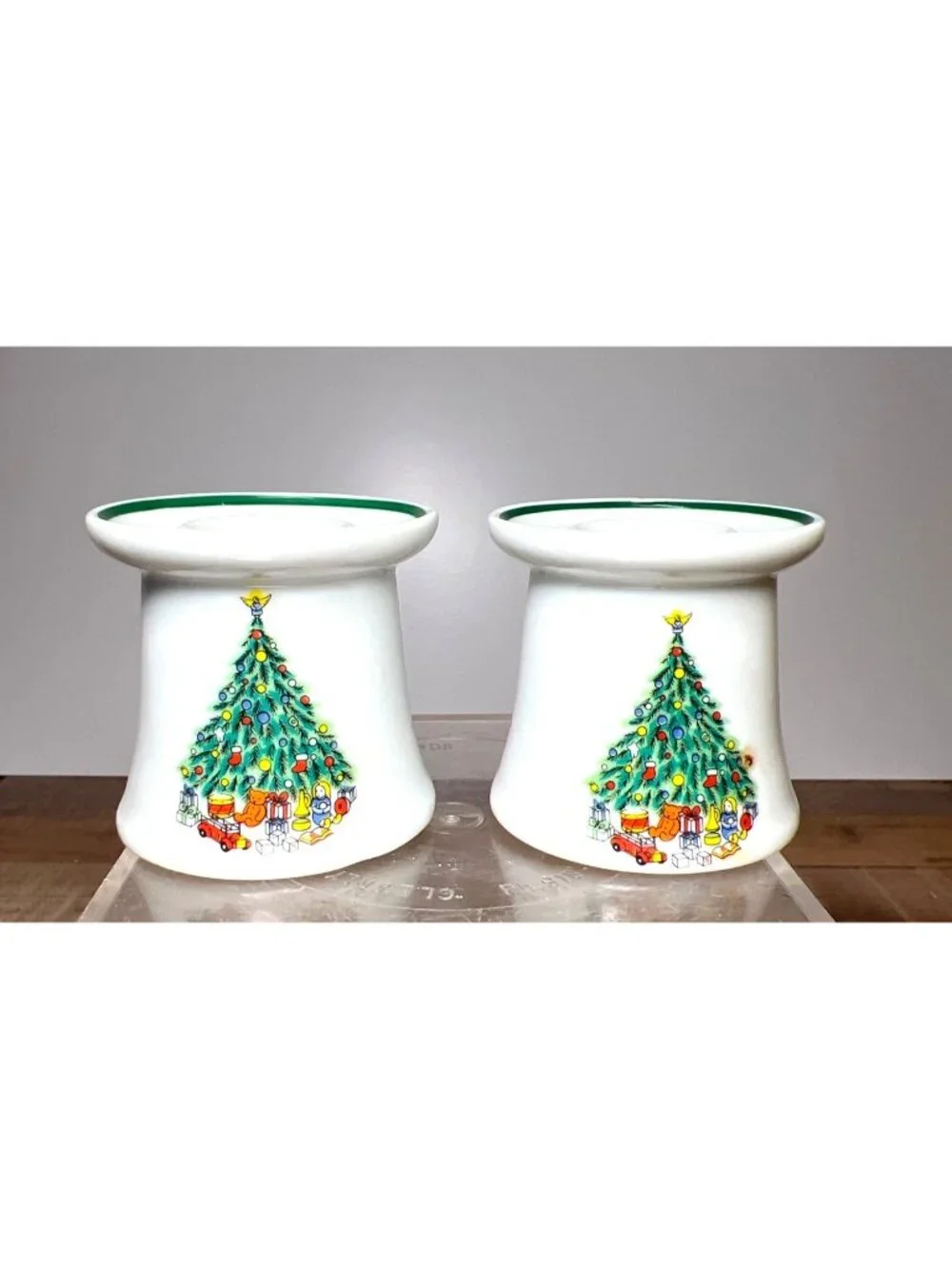 Pair Of Noel Porcelain Christmas Tree Candle Holders By The House Of Salem 2.5''